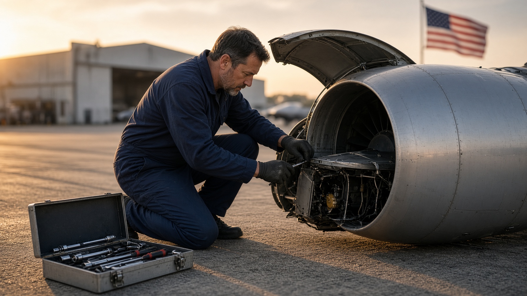 Aircraft mechanic working beside a jet engine on an airport ramp at dawn