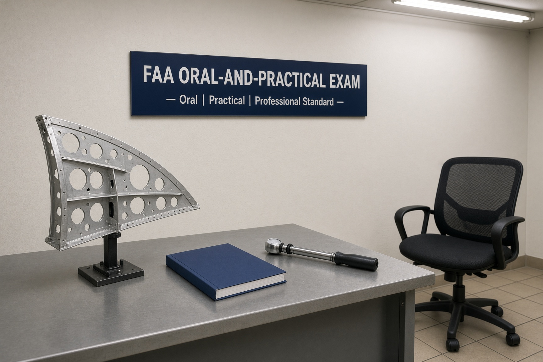Oral-and-practical exam table with a mock wing rib, closed ACS book, and torque wrench