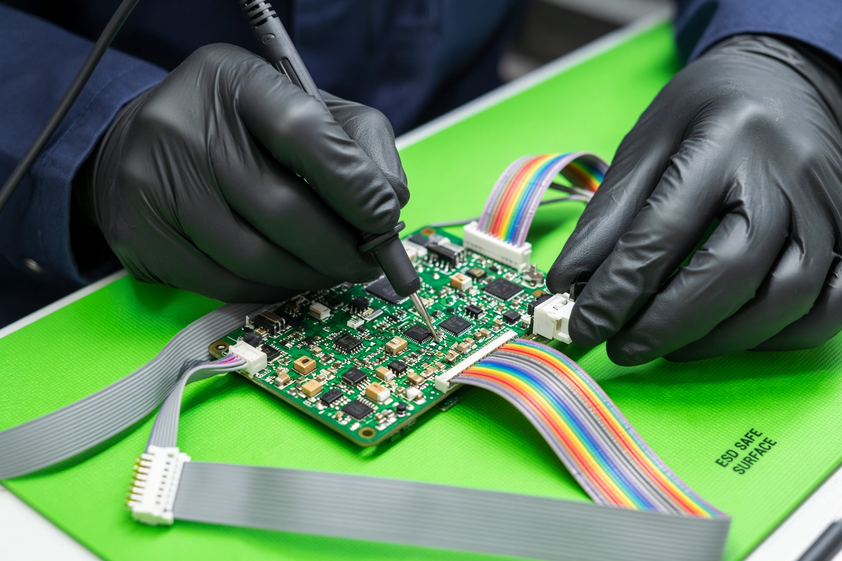 Avionics technician probing a circuit card on a green ESD mat