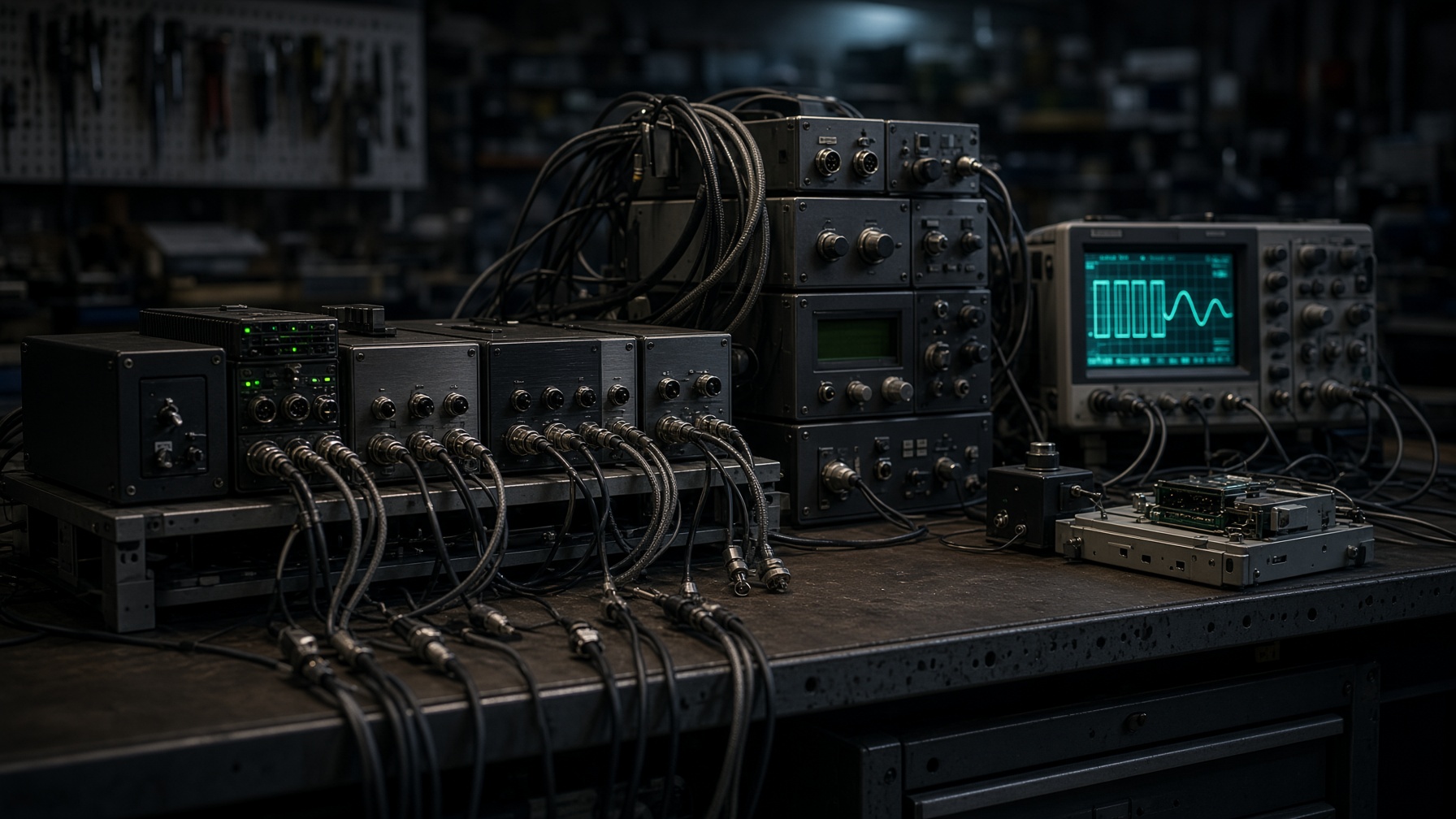 Avionics test bench with radios, harnesses, and an oscilloscope