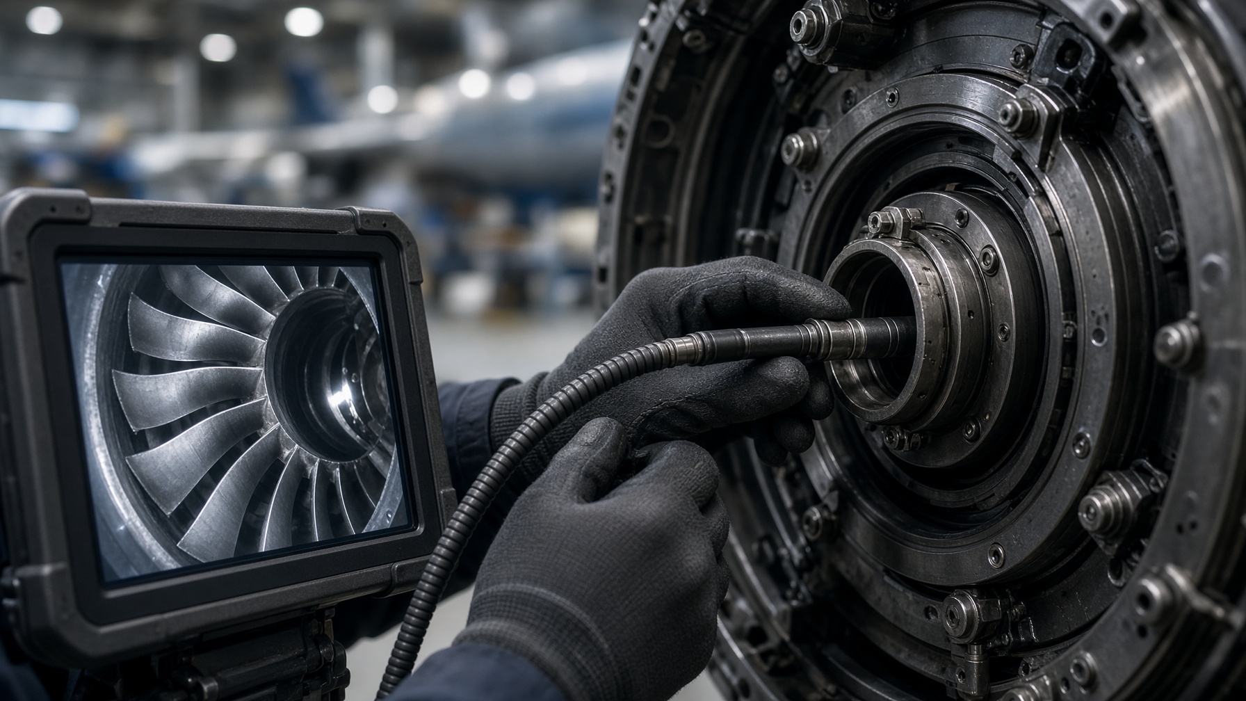 Borescope probe entering a jet engine inspection port