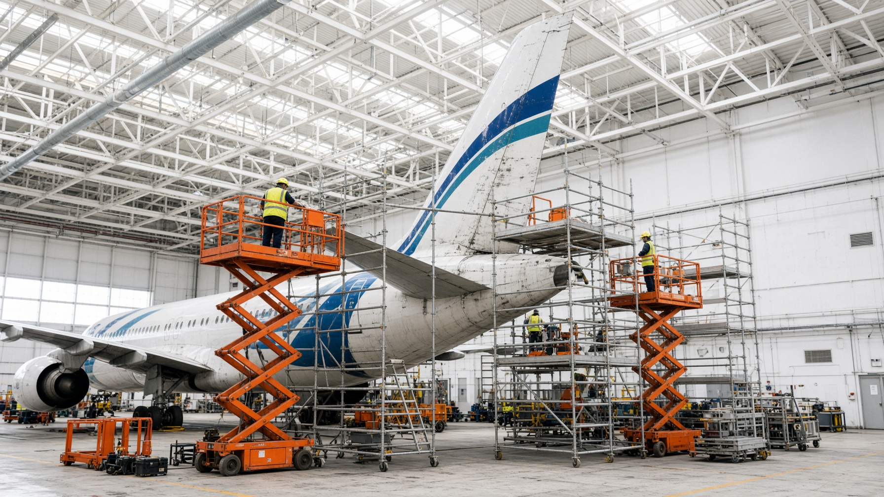 Orange scissor lifts and scaffolding around a jet tail during a daytime C-check