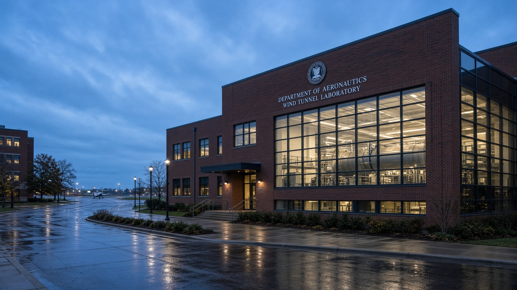 Brick university aviation building at blue hour, wind-tunnel windows glowing