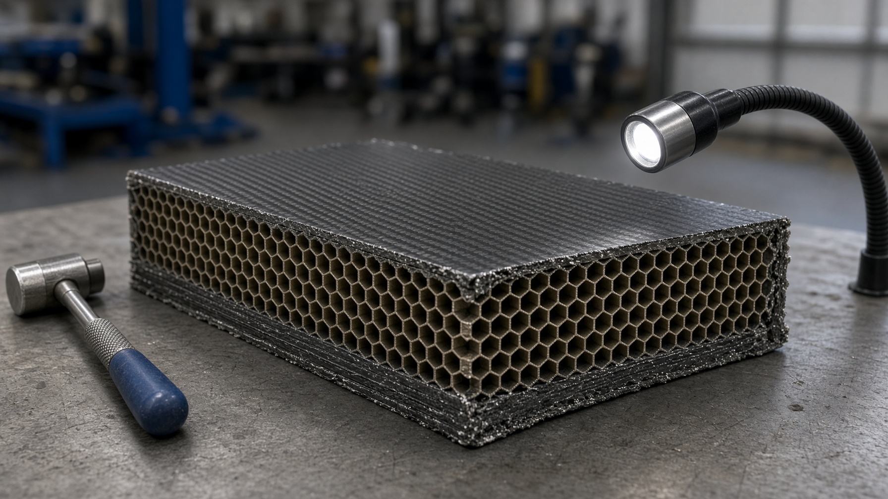 Carbon honeycomb composite panel cutaway with a tap hammer