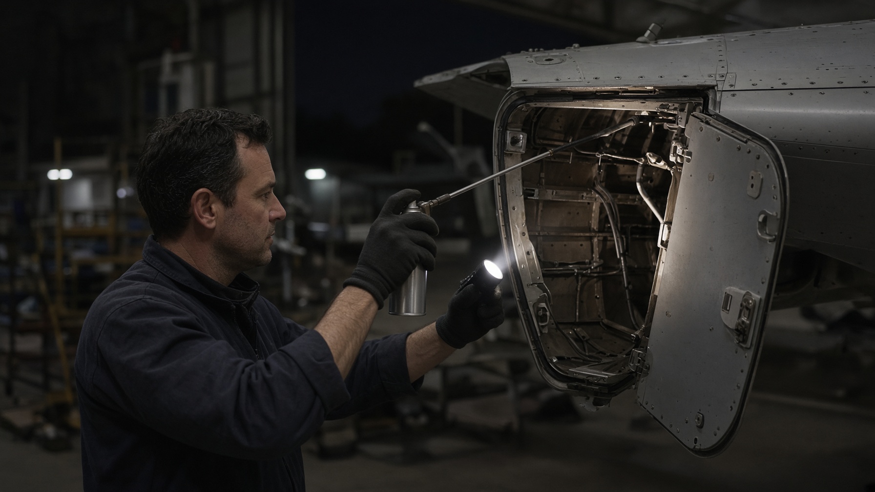 Mechanic spraying corrosion preventive compound into a wing access panel