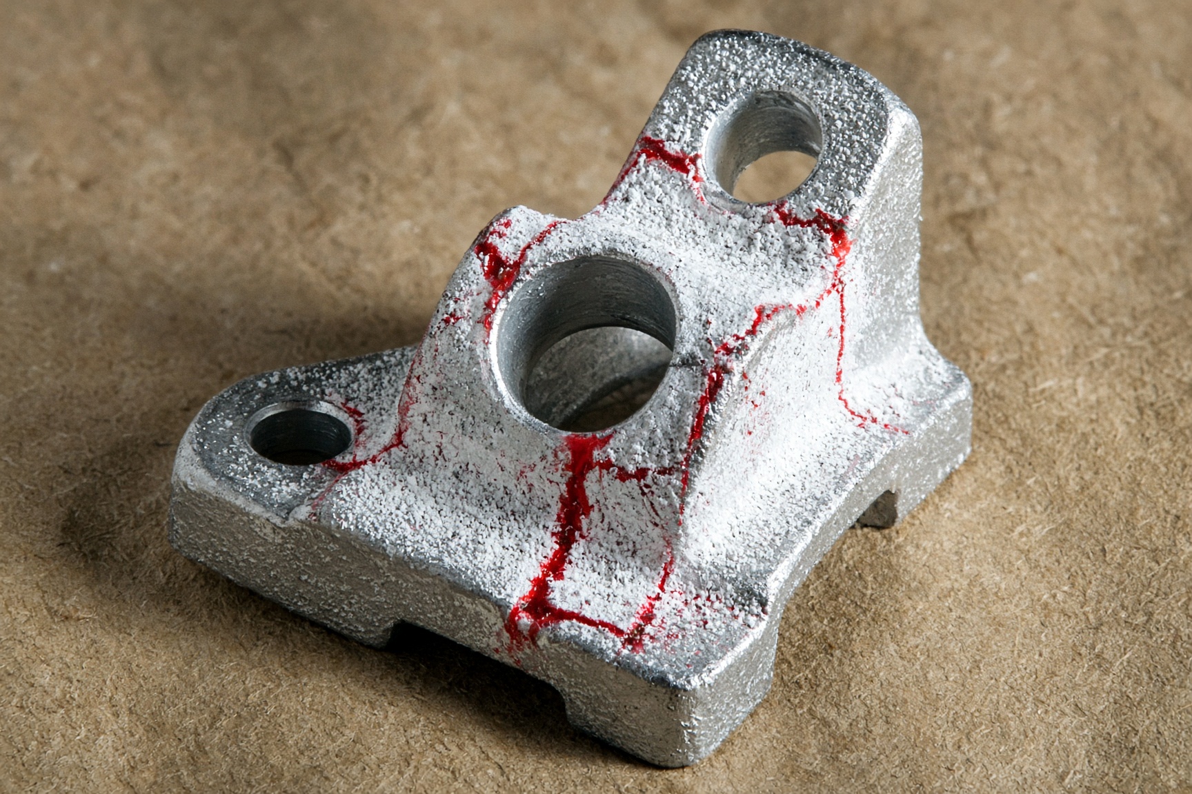 Red dye bleed and white developer powder on an aluminum aircraft fitting