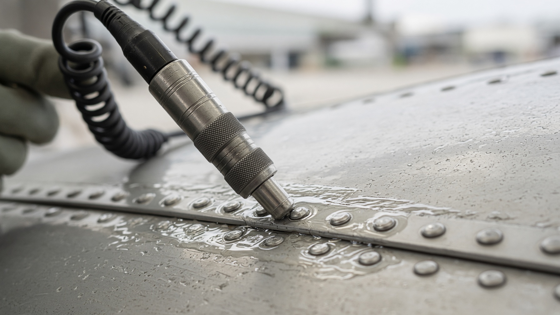 Eddy current probe scanning an aircraft fuselage lap joint