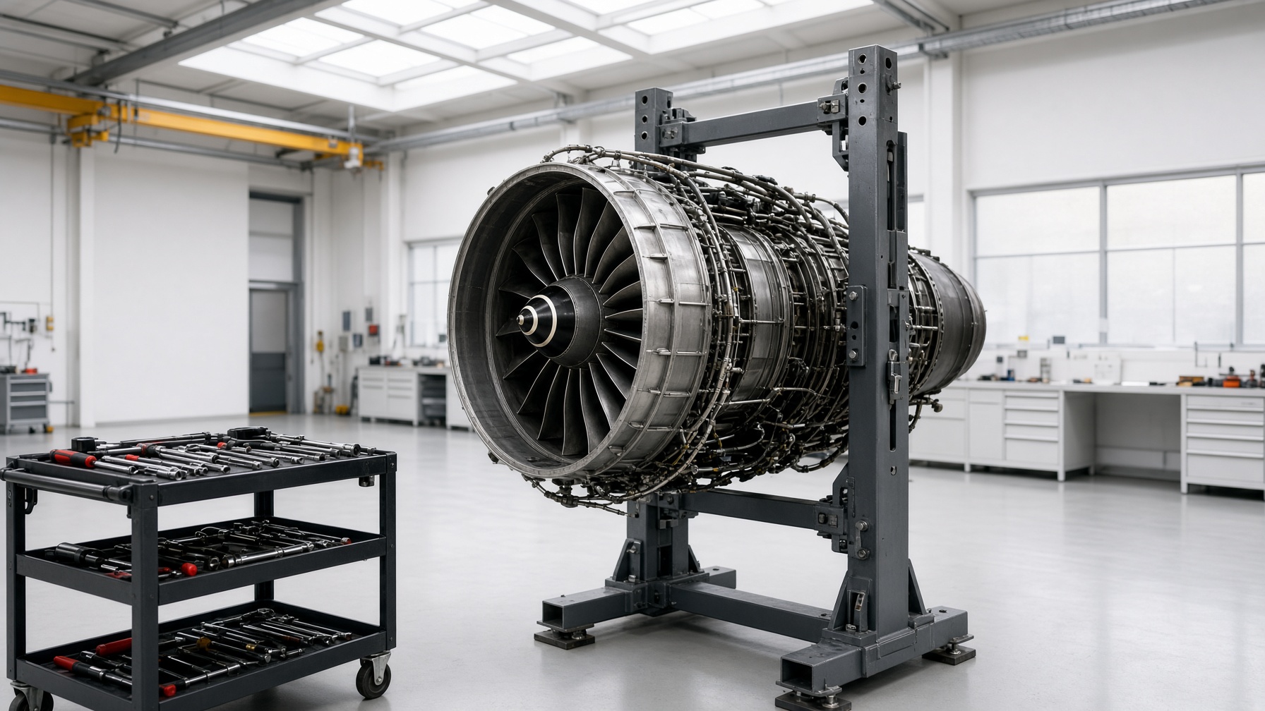 Jet engine on an overhaul stand in a bright engine shop