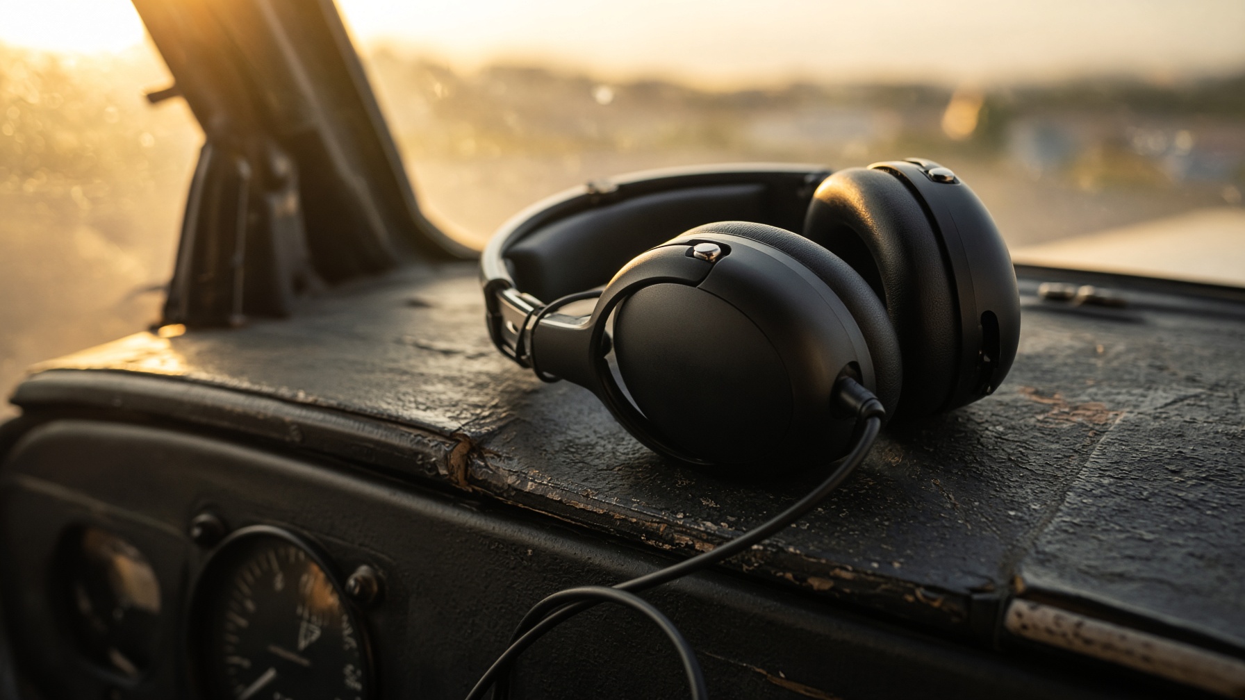Aviation headset on a worn glare shield in late sun