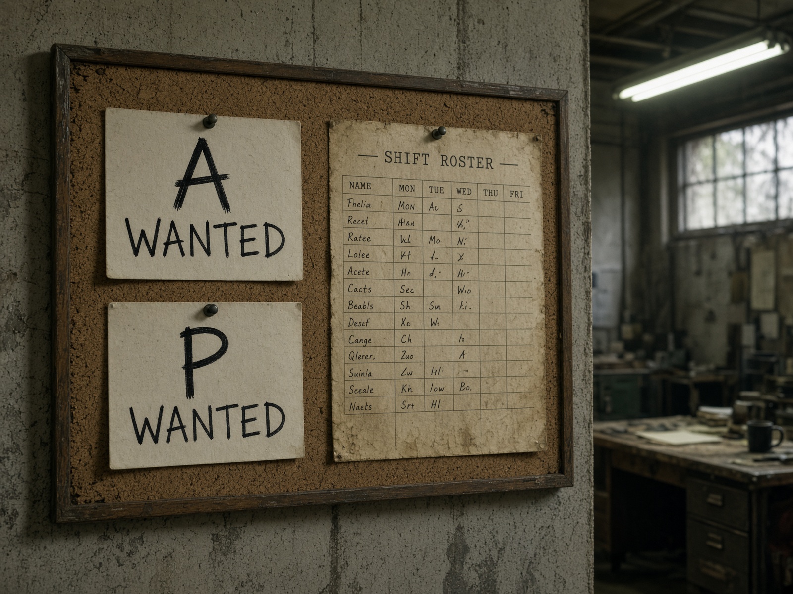 Cork hangar-office board with handwritten A&P WANTED cards