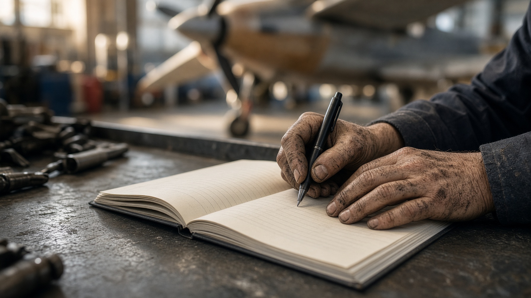 Mechanic signing an aircraft logbook on a steel workbench