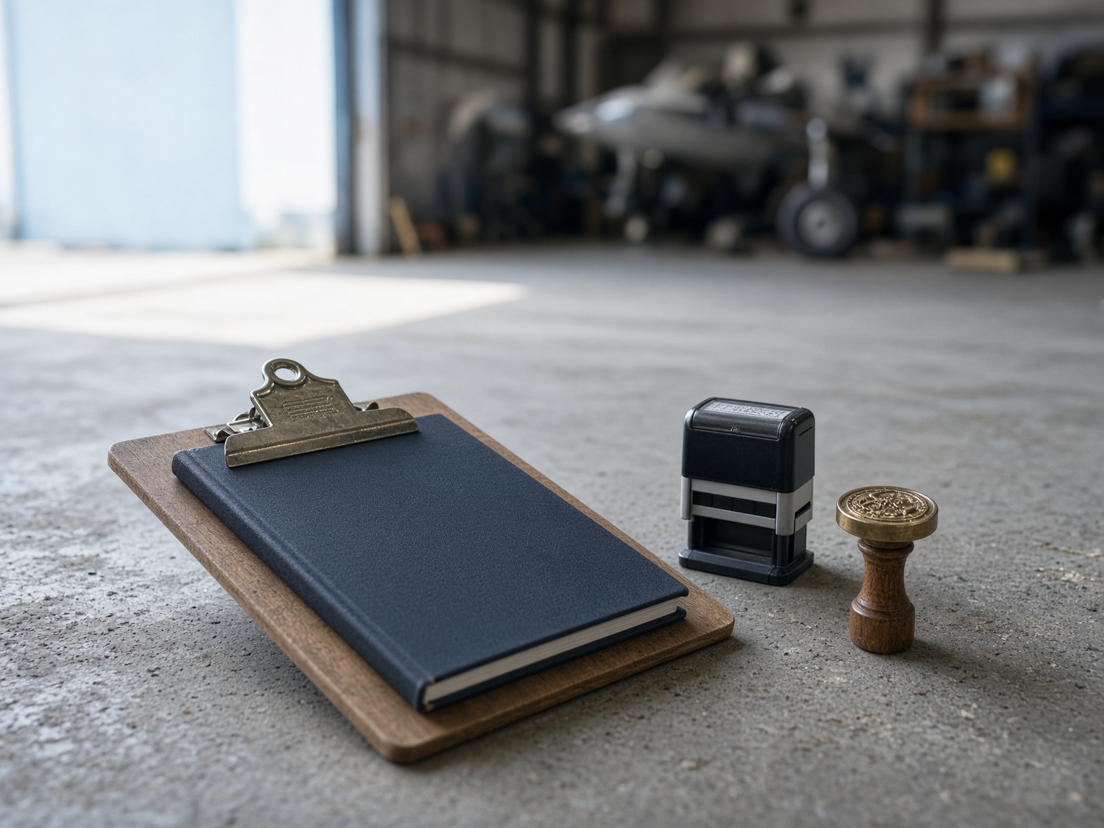 Clipboard, closed logbook, and inspection stamps on a hangar floor
