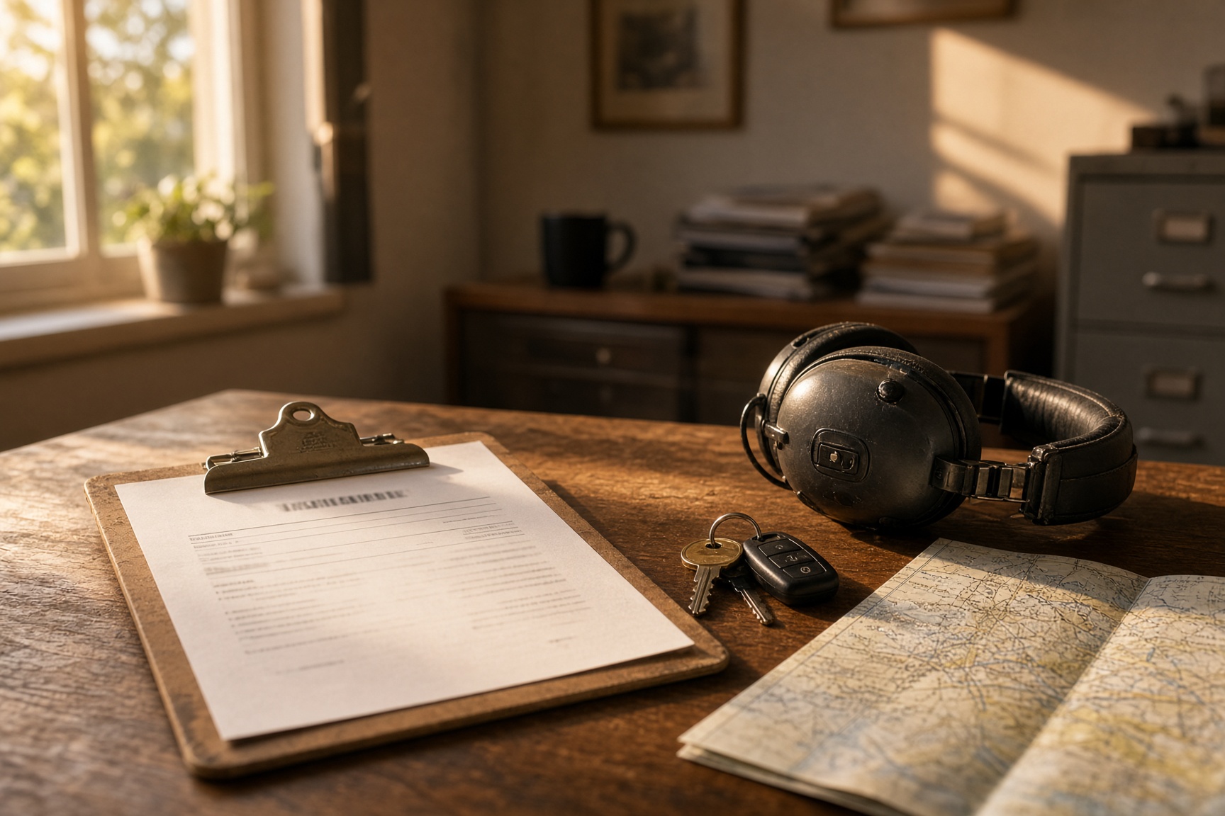FBO office desk with a renter clipboard, headset cup, keys, and a folded sectional