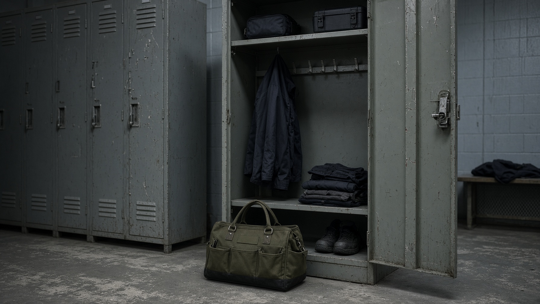 First-day aircraft mechanic locker with a new tool bag