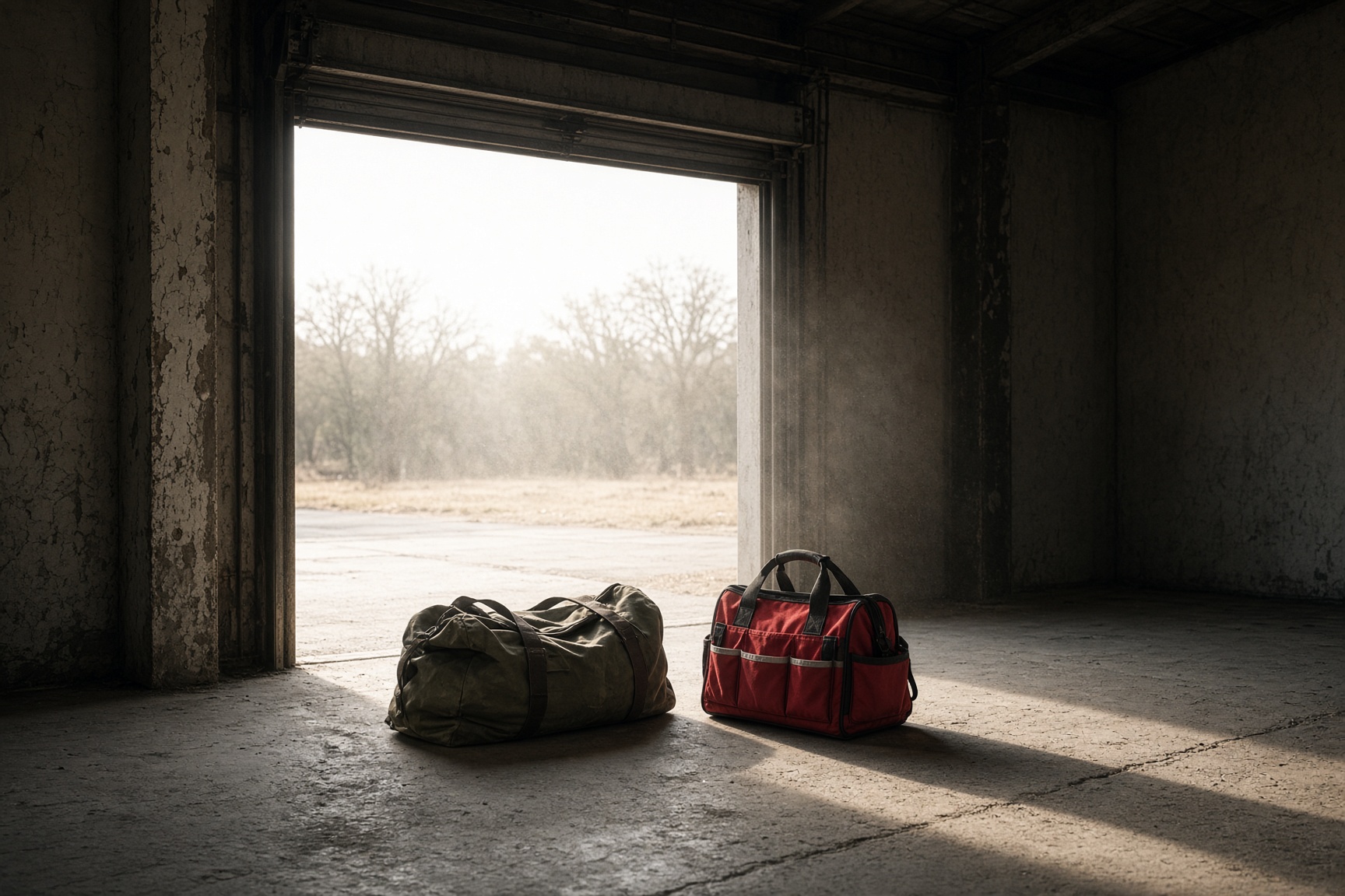Open hangar door as a daylight rectangle, duffel and a new tool bag on the threshold