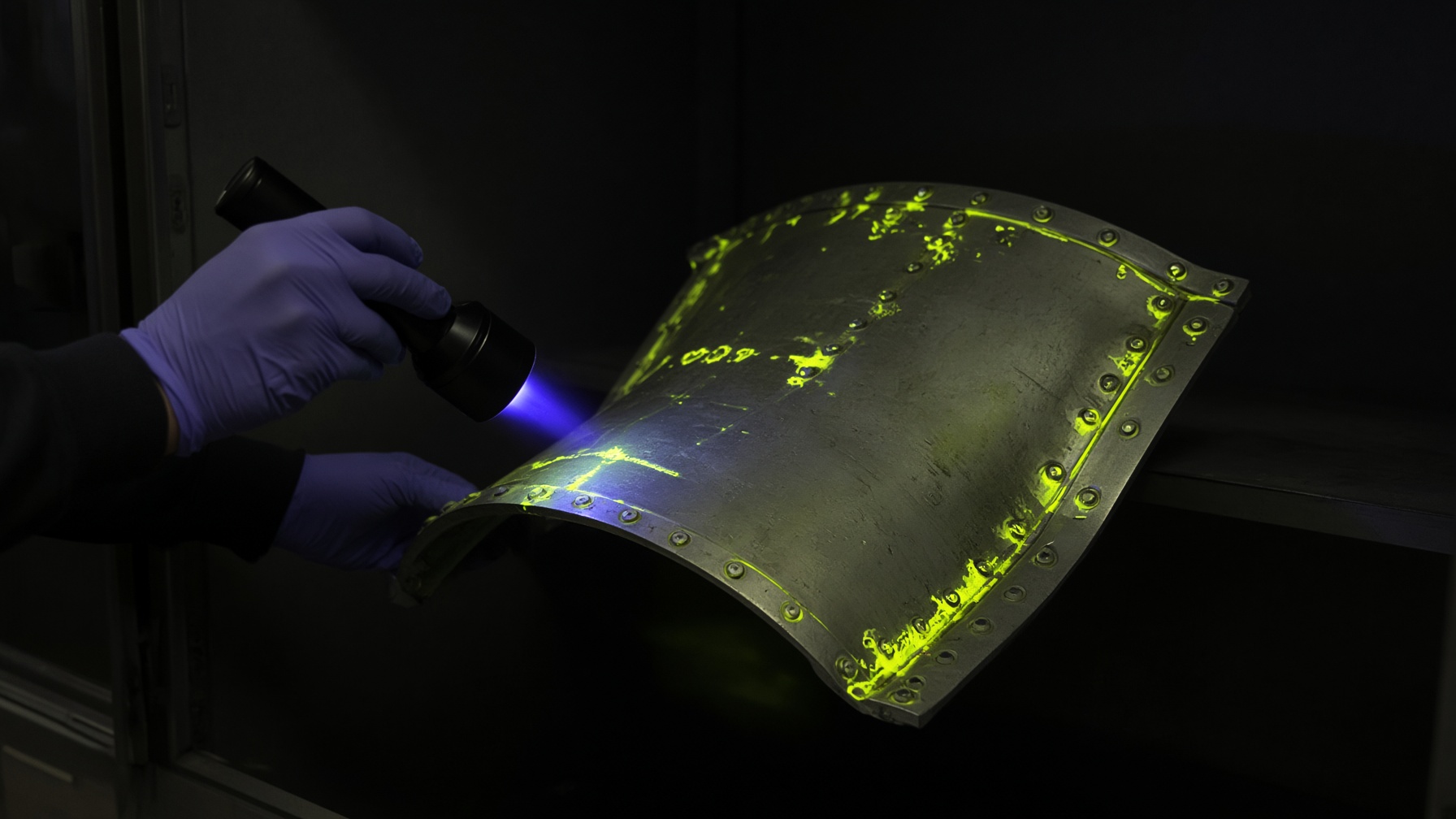 UV blacklight revealing fluorescent penetrant on an aircraft part