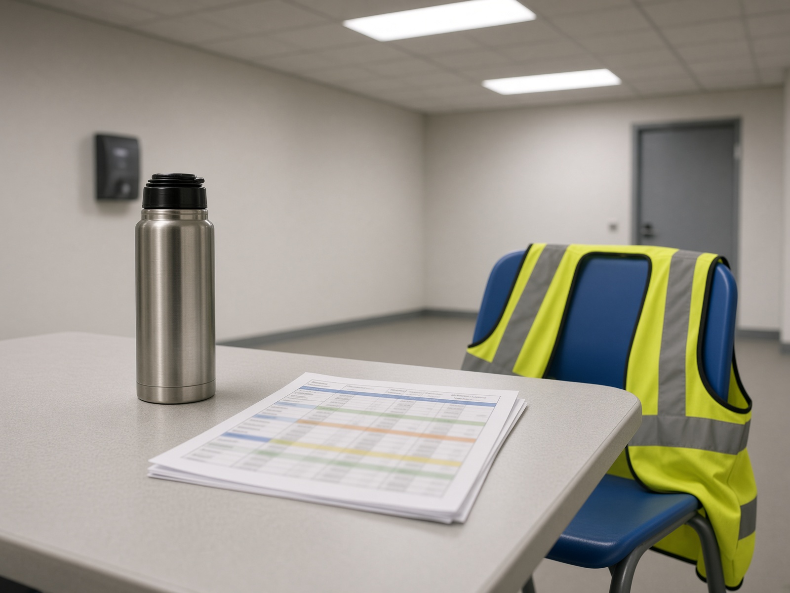 Airline break room with a thermos, high-vis vest, and a blurred step-chart printout