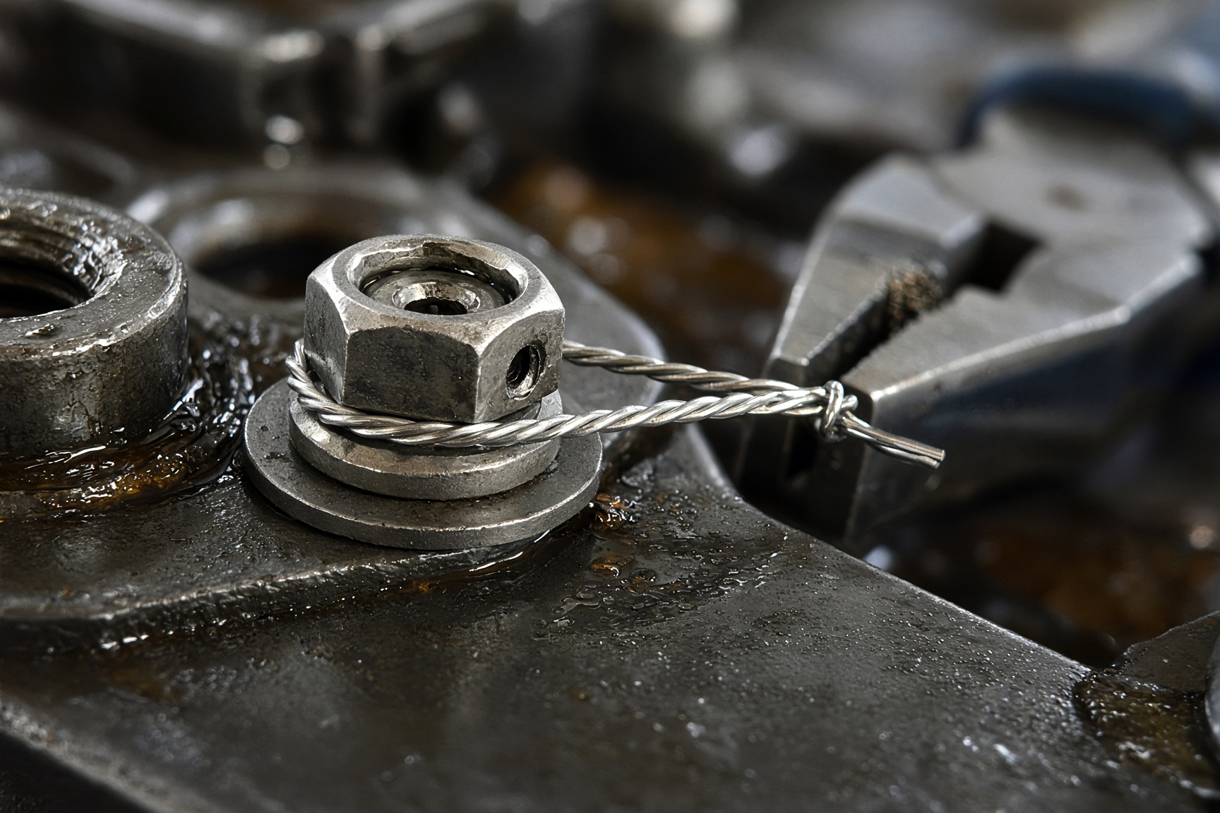 Macro of stainless safety wire twisted on an aircraft bolt, pliers in the blur