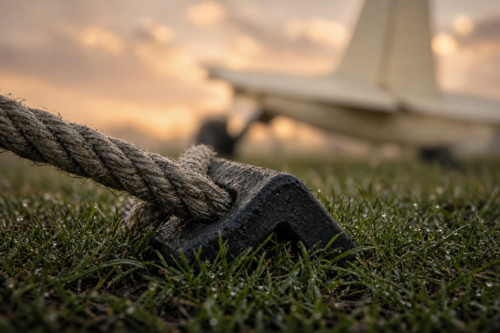 Macro of tie-down rope and a rubber chock in wet grass, tail in sunset bokeh