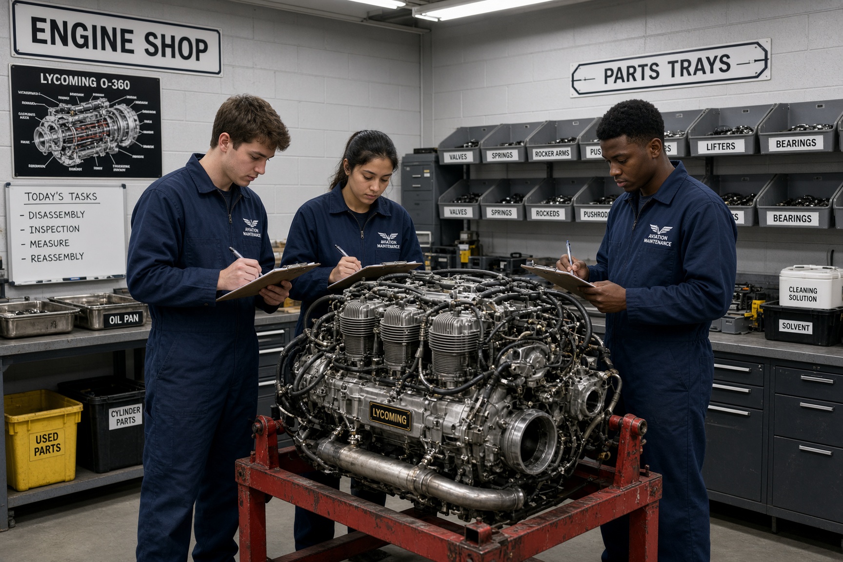 Students in coveralls around a disassembled Lycoming on an engine stand