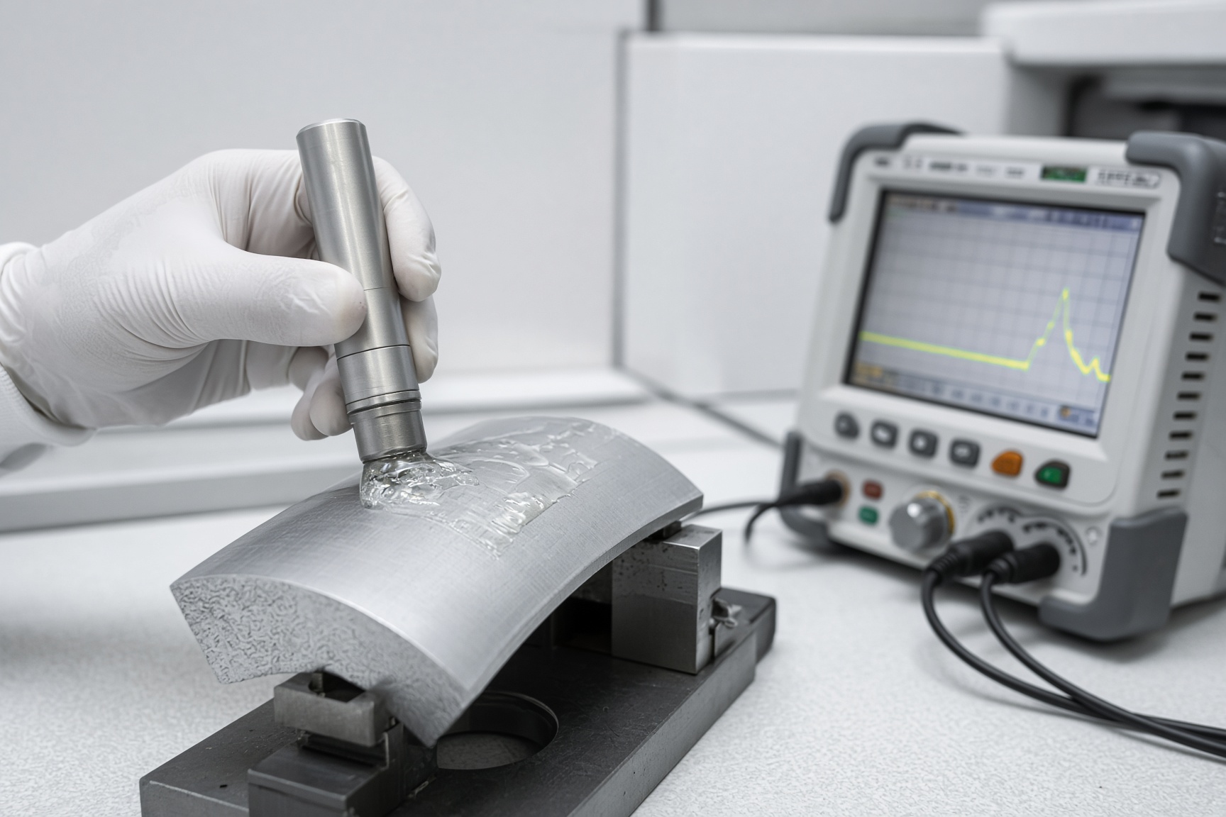 Gloved hand holding an ultrasonic probe with gel on a curved aluminum coupon