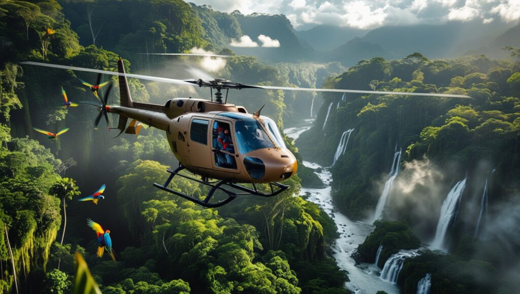 Helicopter secured at a jungle camp at dusk while the pilot performs maintenance checks beside survival gear.