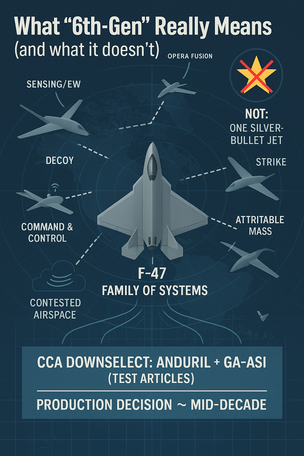 Why 6th-Gen Matters Now: Deterrence, Survivability, and Air Superiority Readiness 1 Infographic—F-47 with CCA “loyal wingmen”; labels for sensing/EW, decoy, strike, attritable mass; note: not one silver-bullet jet; Anduril + GA-ASI downselect
