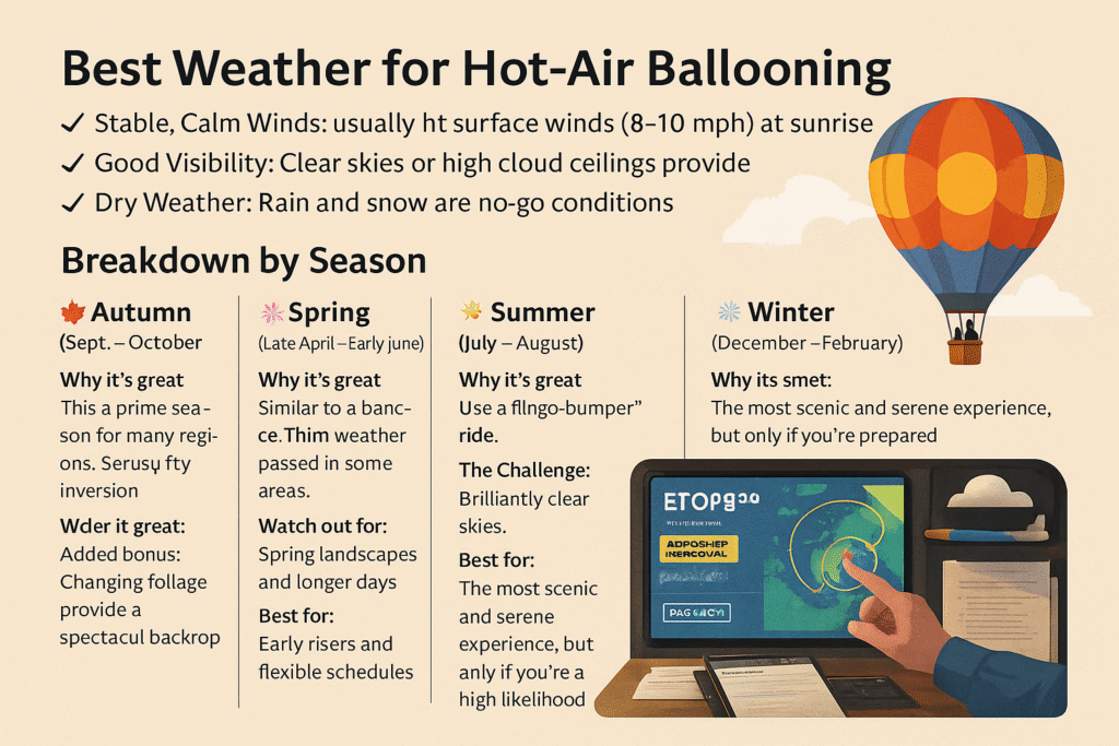 Illustrated infographic showing ideal weather and seasonal breakdown for hot-air ballooning.