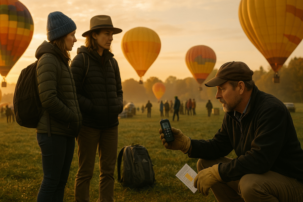 Balloon pilot kneeling at sunrise, measuring wind with an anemometer as passengers watch attentively.
