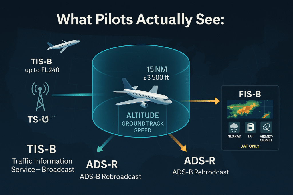 Cockpit view of a 15-NM ±3,500-ft “hockey puck” with TIS-B traffic, ADS-R cross-link, and FIS-B weather panel