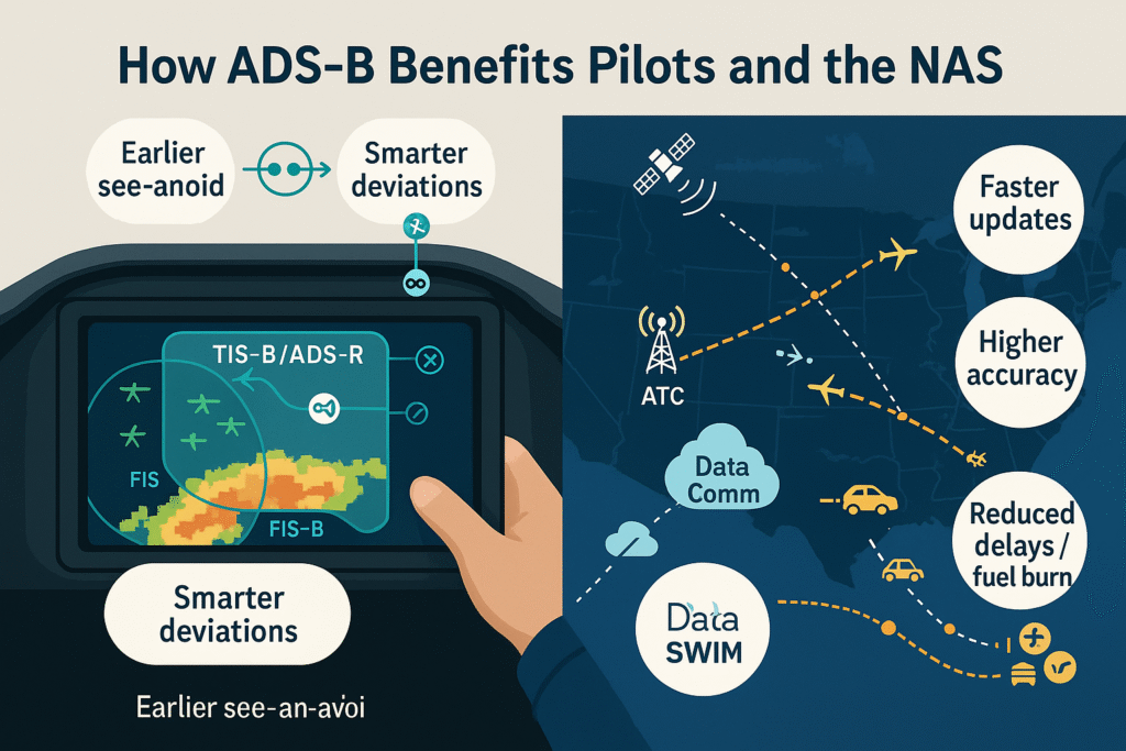 Split view—cockpit display with TIS-B/ADS-R traffic over FIS-B weather, and U.S. ATC map showing Data Comm/SWIM efficiency