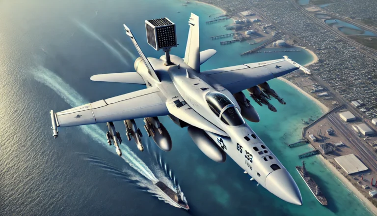 U.S. Navy EA-18G Growler equipped with the advanced Next Generation Jammer Mid-Band pod flying over a coastal military base under a clear blue sky.