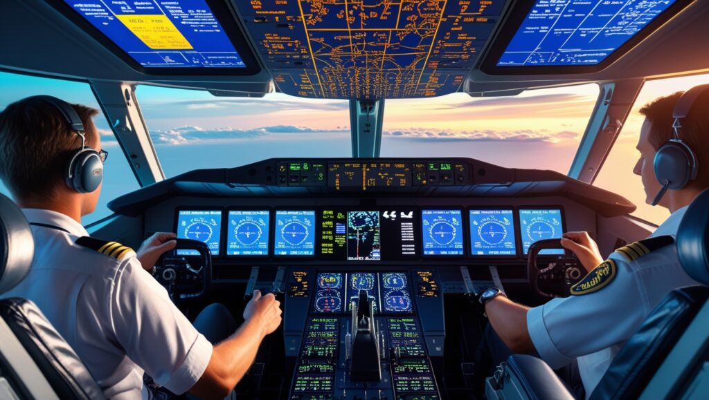 Two airline pilots in a modern glass cockpit manage autopilot modes and FMS entries while cruising above clouds.