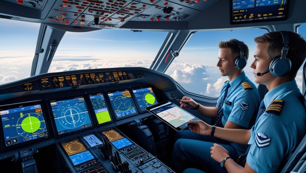 Two pilots with headsets review a diversion route on a tablet while supervising autopilot and navigation displays