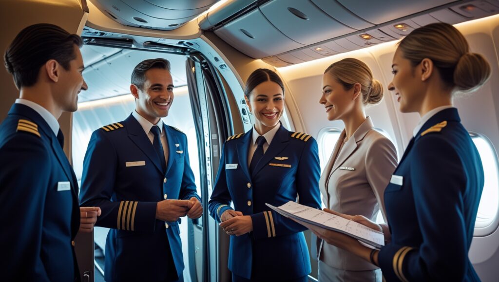Airline captain, first officer, and flight attendants conduct a gate-side huddle with printed checklists beside the open aircraft door.
