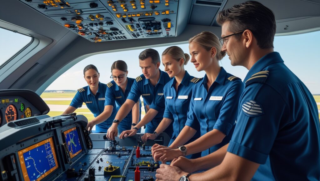 Mixed group of pilots and cabin crew practice procedures together inside a cockpit during a joint CRM training session.