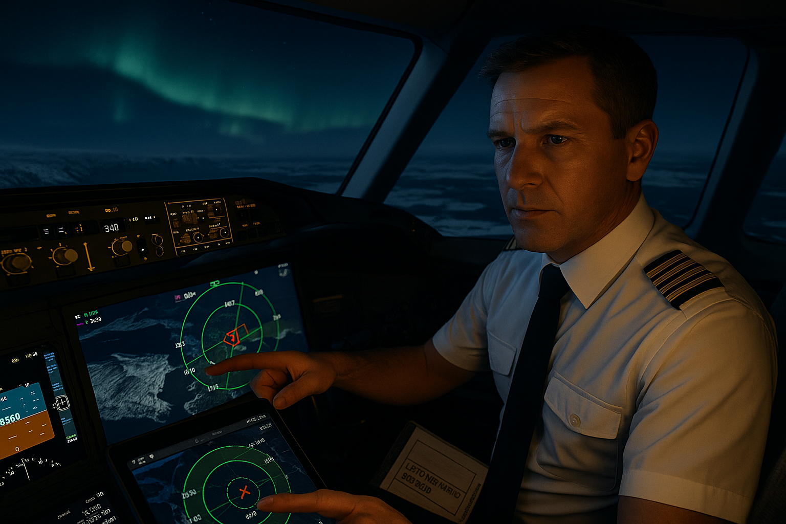 Airline captain under aurora light, pointing at a navigation display showing ETOPS arcs with one alternate marked red.