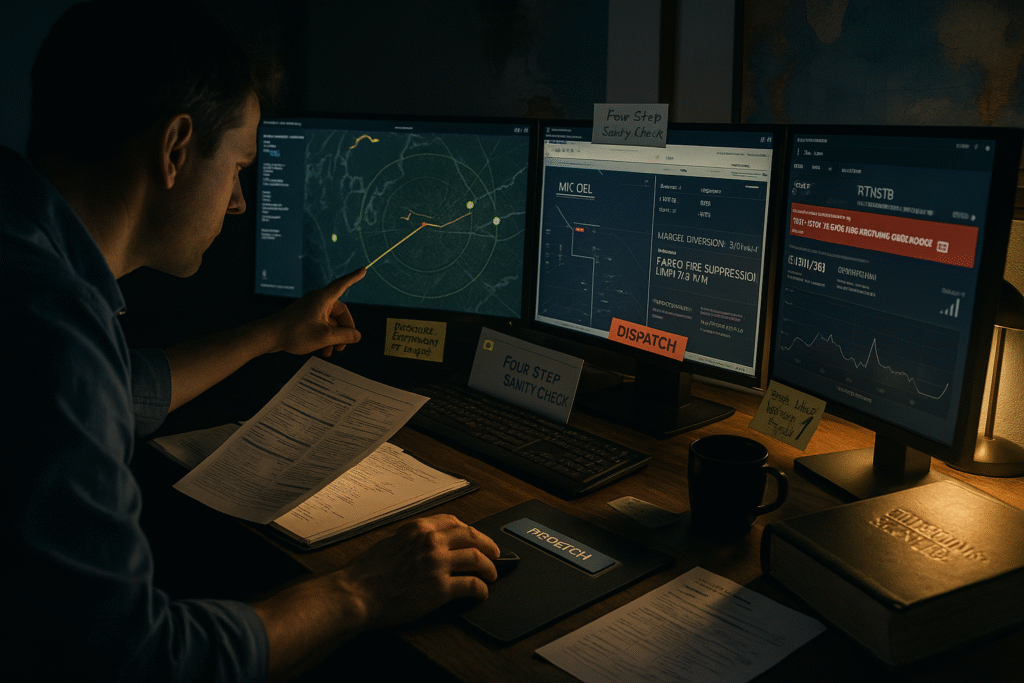 Airline dispatcher analyzing flight planning data across three glowing monitors late at night.