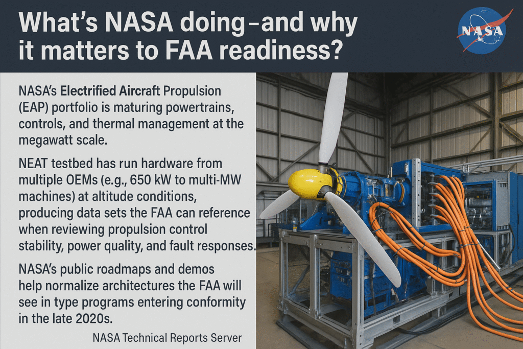 NASA's electric aircraft propulsion testbed powering a propeller with orange high-voltage cables.