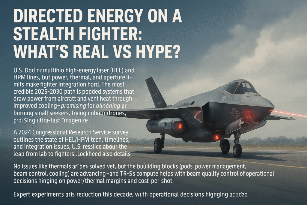 F-35 stealth fighter on runway firing a red laser from an underwing pod, with text discussing directed energy integration challenges.