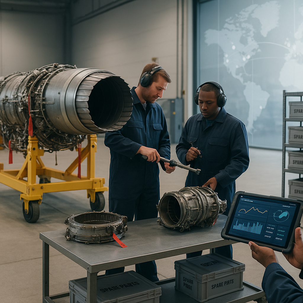 The F-35 Engine: Power, Stealth & Cutting-Edge Technology 2 Technicians service an F135 engine module with hot-section parts and a tablet showing engine health data