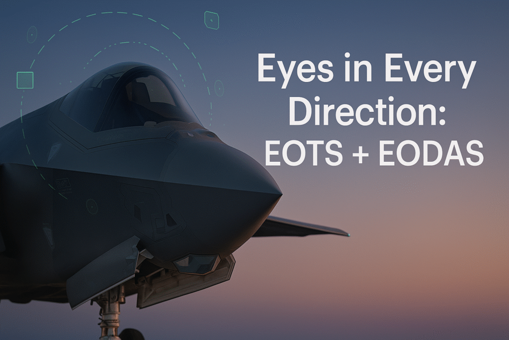F-35 nose showing faceted EOTS window with helmet-style 360° EODAS symbology