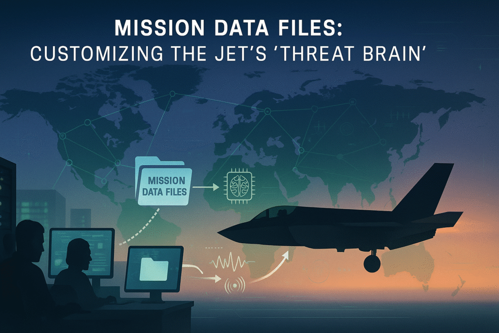 F-35 silhouette with global reprogramming lab network feeding mission data files to the jet