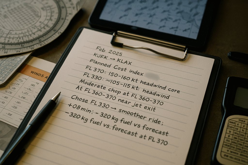 Handwritten cockpit note explaining the choice of FL330 over FL370 with winds and ride outcome.