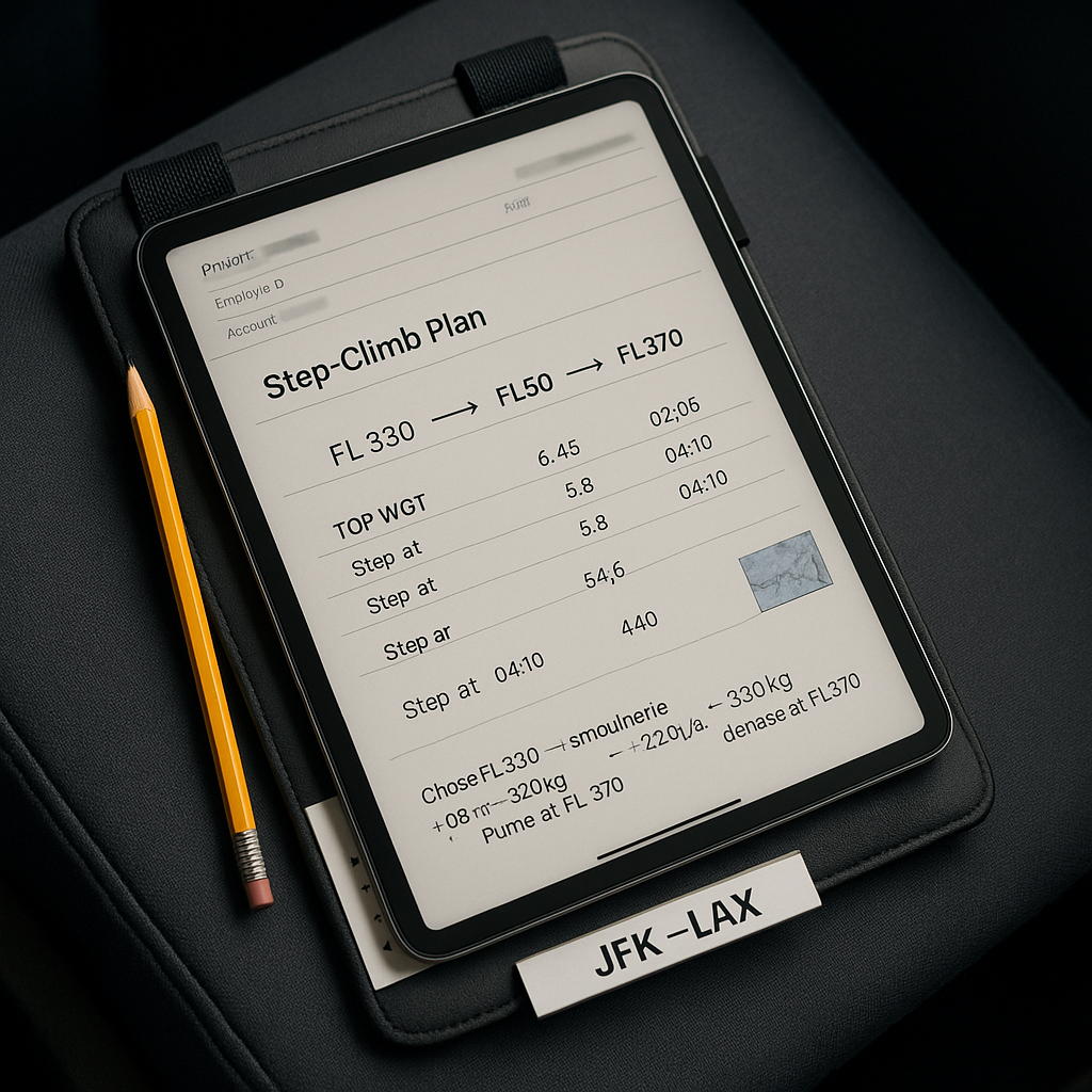 Kneeboard with tablet EFB showing a step-climb plan from FL330 to FL370.