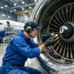 2026 AMT Salary Guide: Earn $75K–$120K+ 6 Aviation maintenance technician inspecting a jet engine turbine inside a modern aircraft hangar.