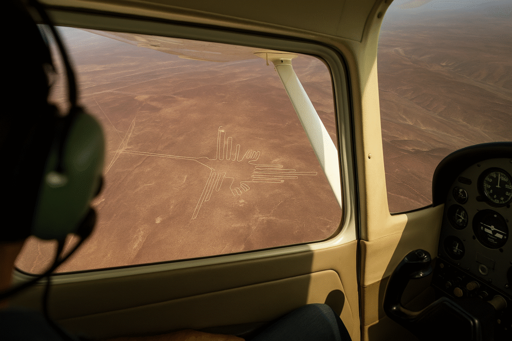 View from a small aircraft over the Nazca Lines with the Hummingbird geoglyph clearly visible.