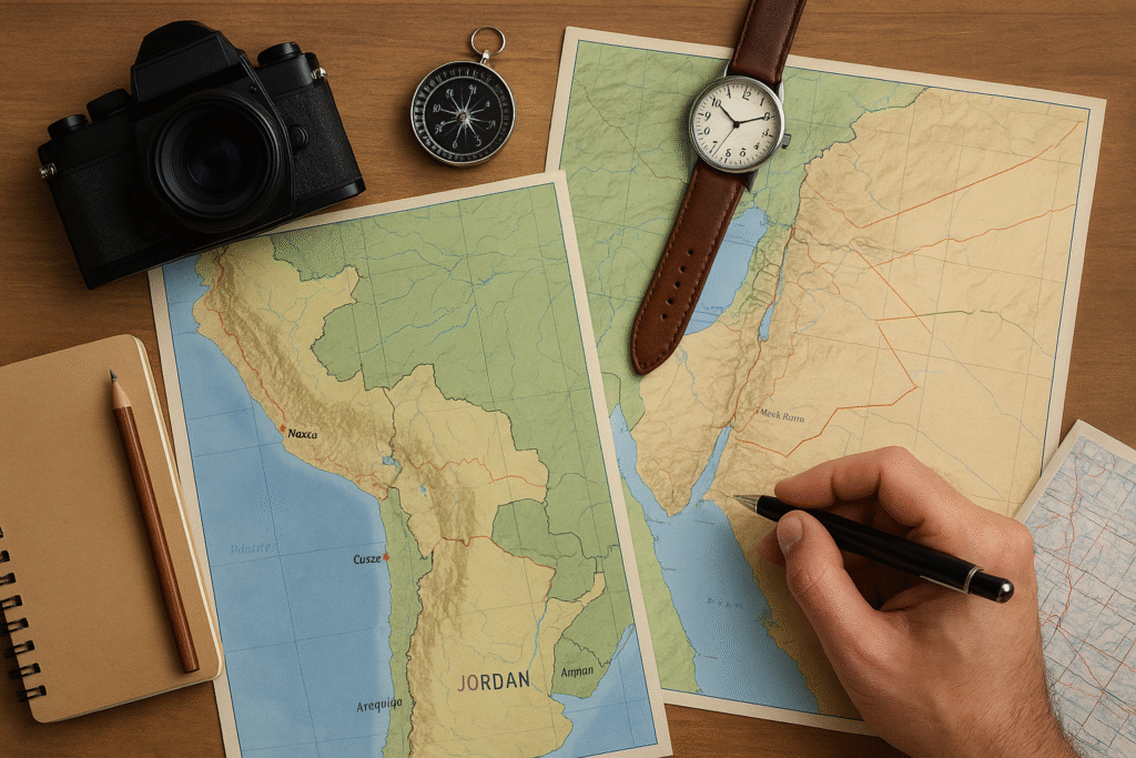 Travel flat-lay showing maps of Peru and Jordan with flight passes, permit card, and a calendar marking ideal times.