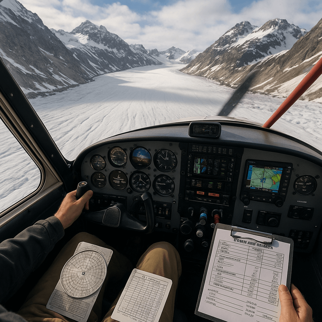 Cockpit view on final toward a mountain glacier with performance charts and GPS visible.