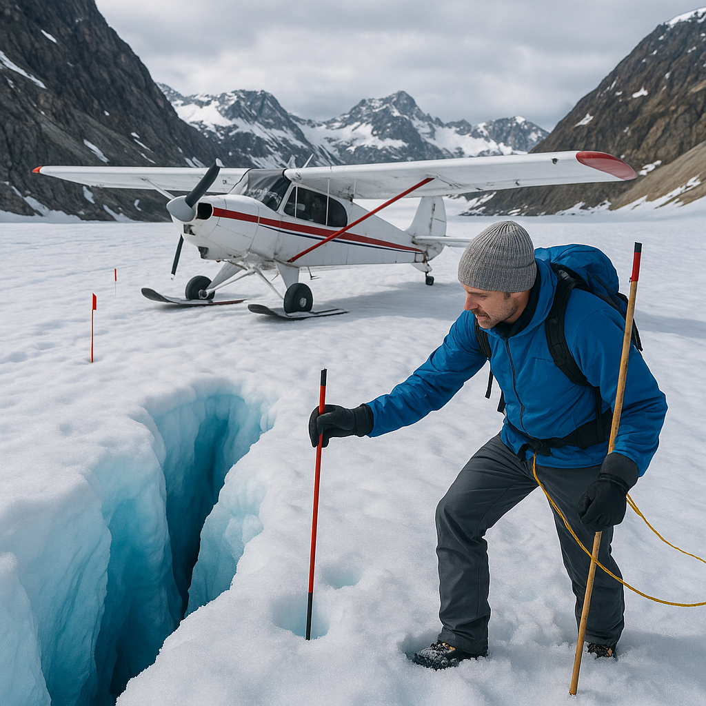 Pilot probing a crevasse while a ski-equipped bush plane waits on the glacier, safety wands marking a path.